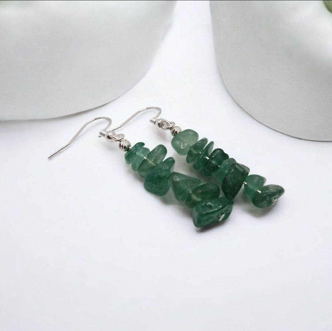 Boho Green Aventurine chip earrings with sterling silver hooks and silver bead accents handcrafted gemstone jewelry