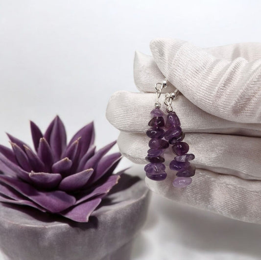 Amethyst chip earrings with sterling silver hooks and silver bead accents