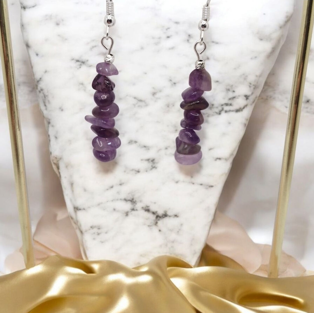 Handmade Amethyst chip earrings with silver bead and sterling silver hooks stone of intuition and protection
