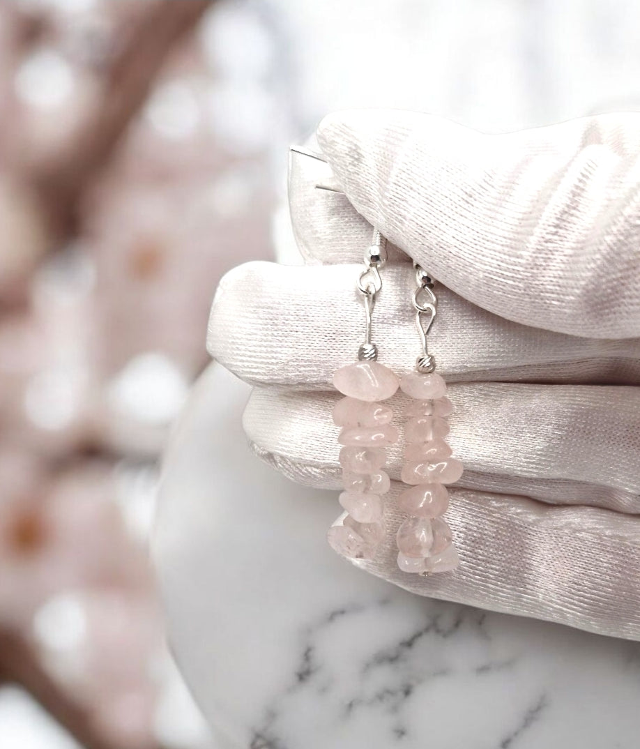 Natural Rose Quartz dangle earrings with silver accents for emotional healing