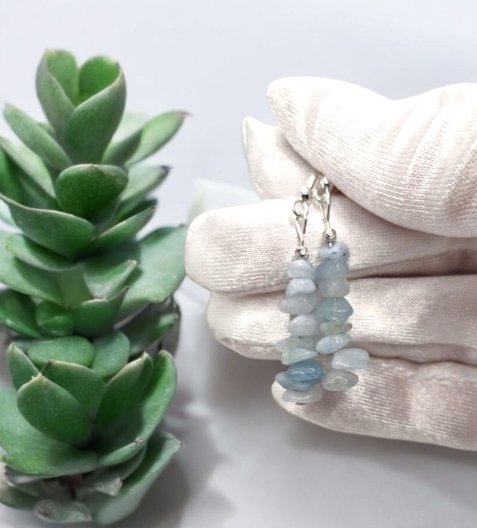 Handmade Aquamarine chip earrings with silver bead and sterling silver hooks stone of courage and clarity