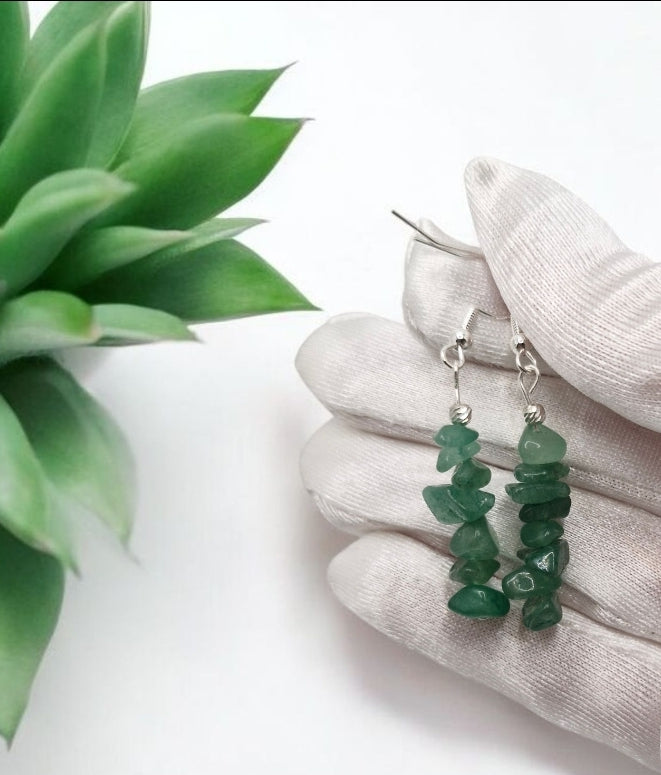 Handmade Chip Earrings – Green Aventurine, Rose Quartz, Aquamarine, or Amethyst with Sterling Silver Hooks and Silver Bead Accents