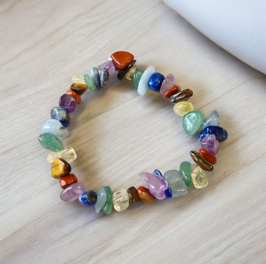 Close-up of handmade chakra bracelet with natural gemstone chips for spiritual healing and energy balance