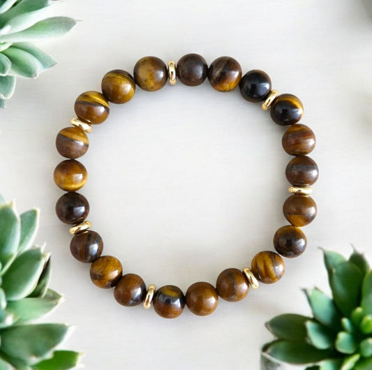 Handmade Tiger Eye stretch bracelet with 8mm natural gemstone beads and 6mm gold plated brass disk