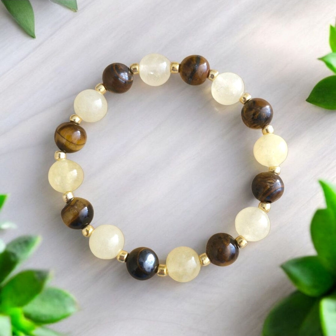 Handmade Citrine and Tiger Eye stretch bracelet with 8mm natural gemstone beads and premium Japanese Toho glass accents