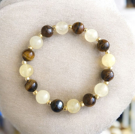 Close-up of 8mm Citrine and Tiger Eye beads with metallic Toho glass seed bead accents