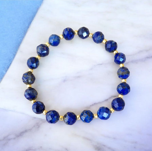 Faceted Lapis Lazuli stretch bracelet for men and women with Chakra meaning for Third Eye and Throat