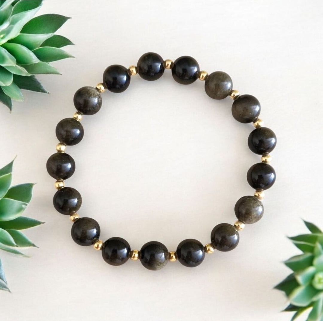 Obsidian stretch bracelet with 8mm gemstone beads and 3mm 18K gold plated brass accents, handmade crystal bracelet.