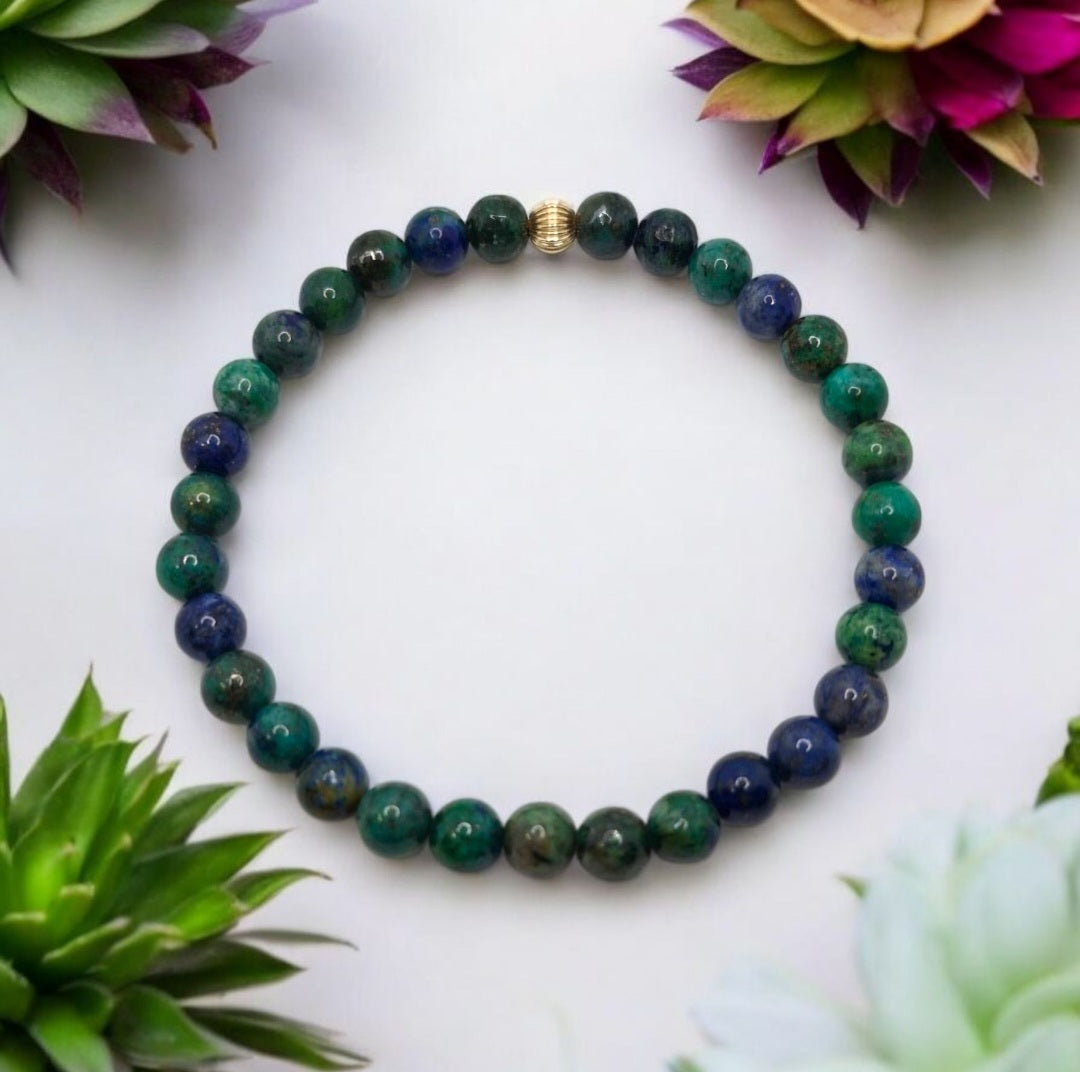 Blue-Green Chrysocolla Bracelet for Communication and Emotional Balance – 6mm or 8mm Dyed Gemstone Beads with Gold-Filled Accents