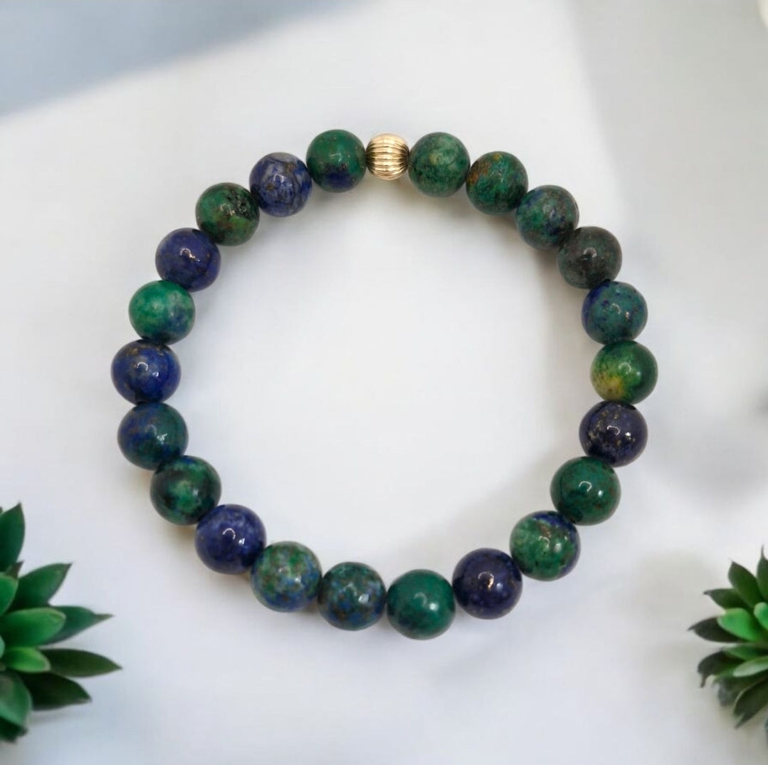 Blue-Green Chrysocolla Bracelet for Communication and Emotional Balance – 6mm or 8mm Dyed Gemstone Beads with Gold-Filled Accents