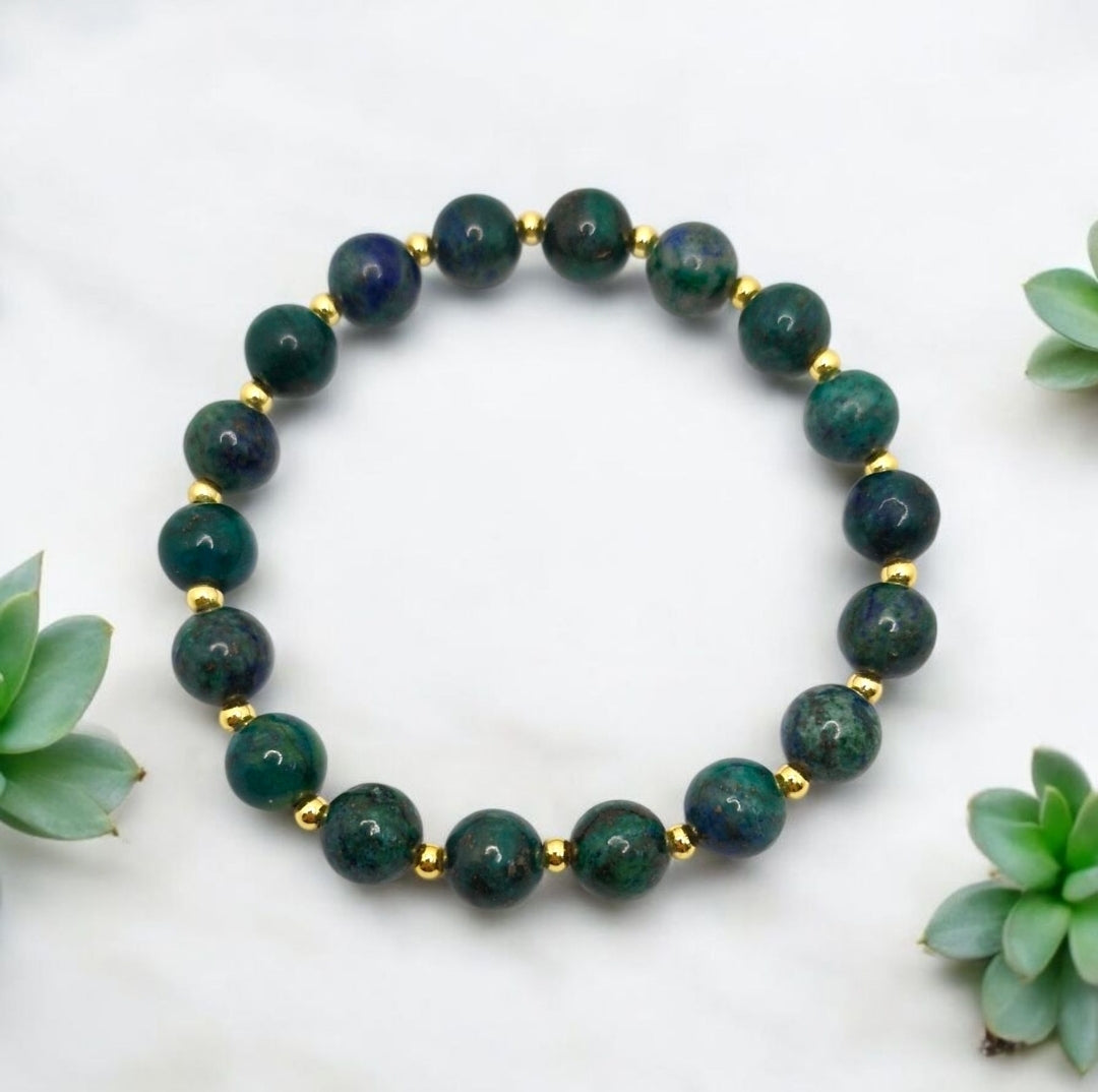 Lapis, Apatite & Chrysocolla Stretch Bracelet for Wisdom, Focus and Emotional Balance – 8mm Gemstones with Gold-Plated Accents
