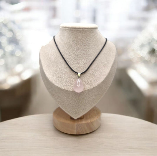 Handmade rose quartz teardrop pendant on black rope necklace, natural pink gemstone for love, compassion and healing energy.