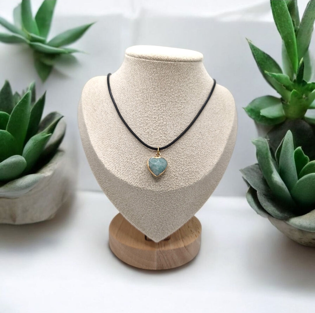 Amazonite faceted heart pendant necklace with turquoise and gold tones on adjustable black rope