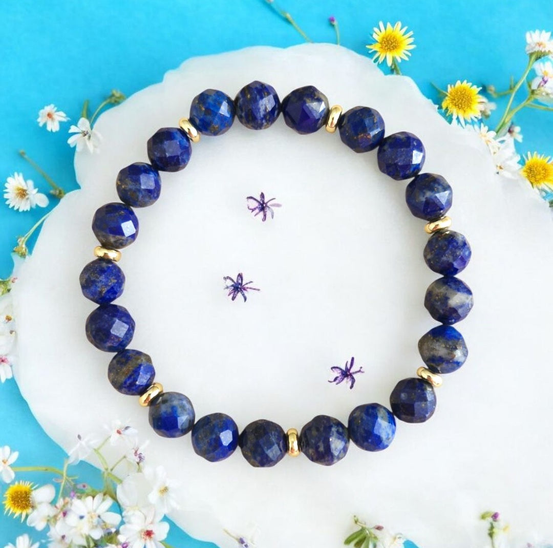 Natural faceted Lapis Lazuli bracelet with 8mm gemstone beads and 5mm 18K gold plated flat beads