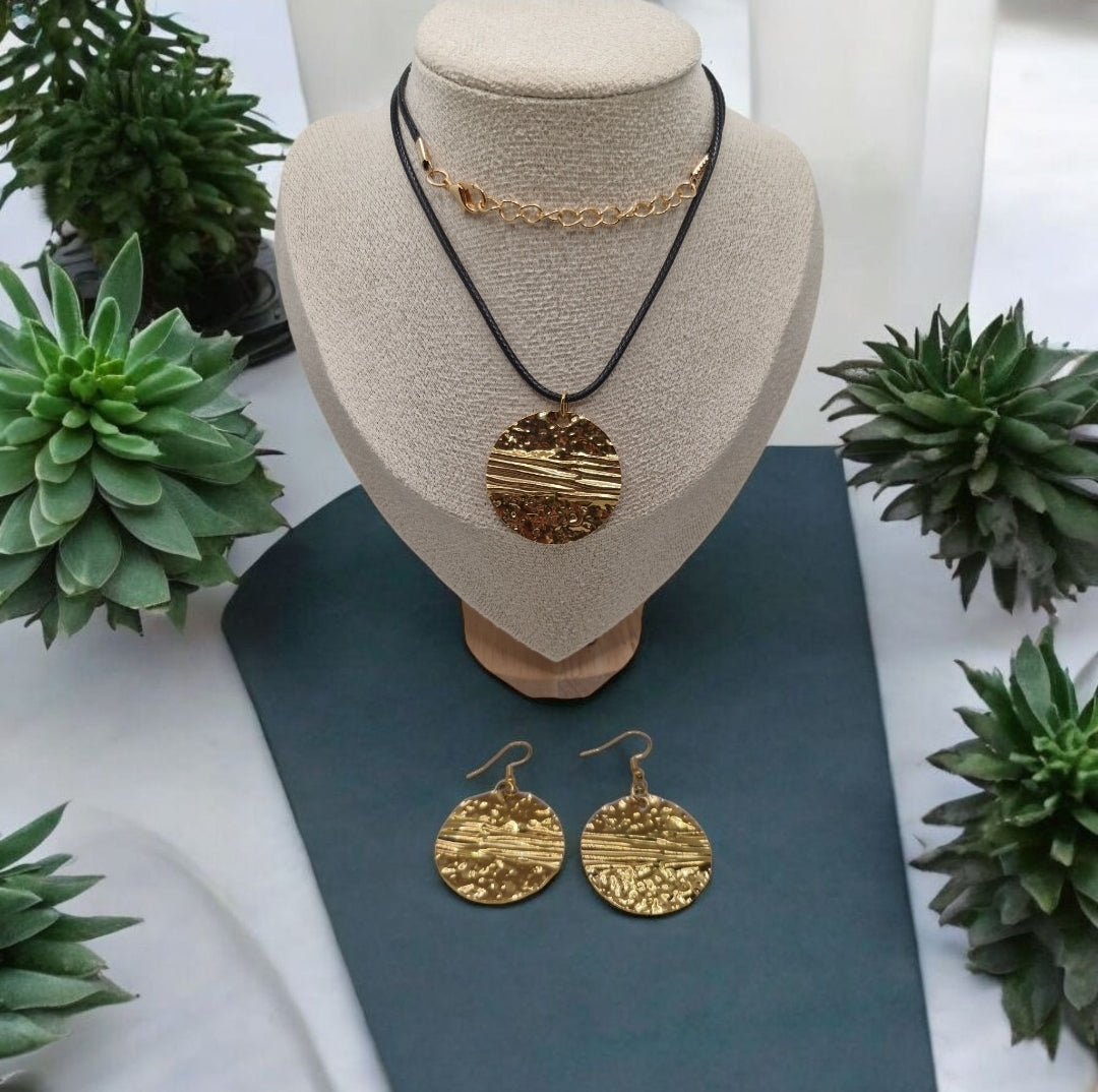 Stainless steel hook earrings with matching 1.18in circle pendant on black waxed rope