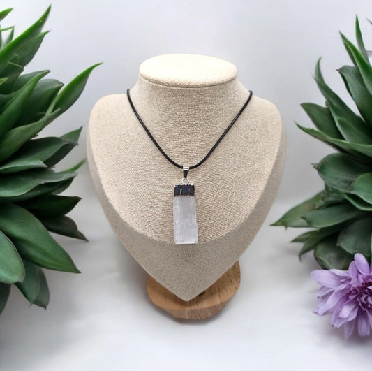 Natural Selenite Pendant Necklace for Cleansing and Positive Energy – Rectangular Crystal on 1.5mm Black Rope, Handmade Jewellery