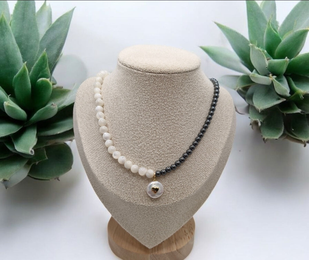 Handcrafted necklace with Grade A Japanese Mother of Pearl beads and natural Grey Hematite