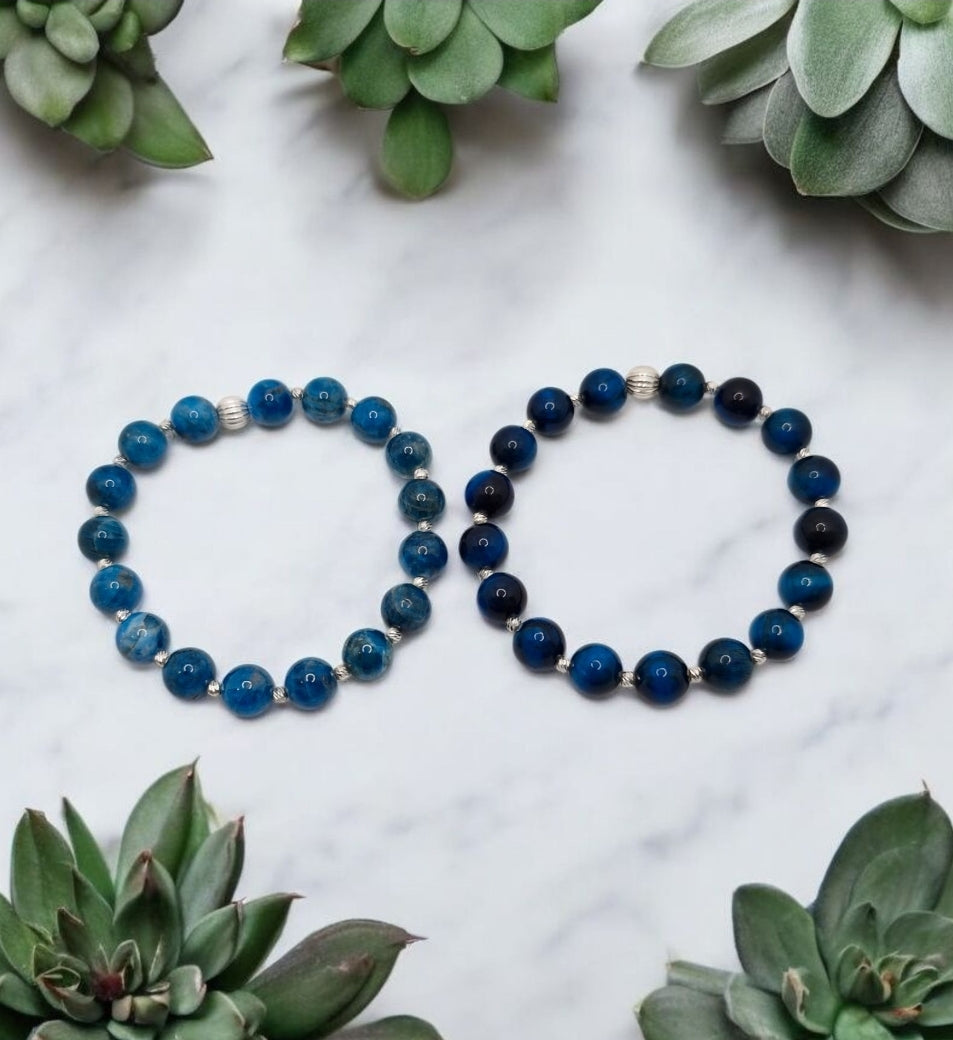 Handmade 8mm gemstone bracelet, Blue Tiger Eye or Blue Apatite, sterling silver beads, includes free Selenite strip.