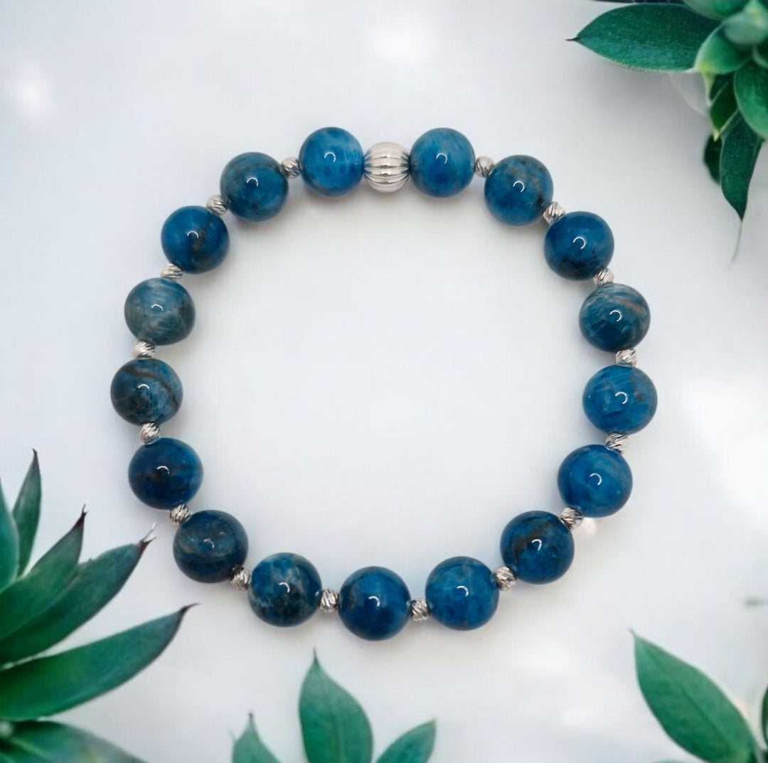 Blue Apatite 8mm stretch bracelet with sterling silver accents, handmade jewellery, includes free Selenite gift.
