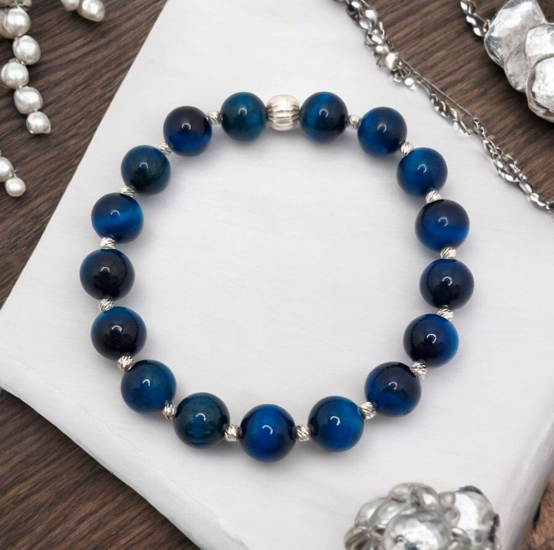 Blue Tiger Eye or 8mm stretch bracelet with sterling silver accents, handmade jewellery with free Selenite gift.