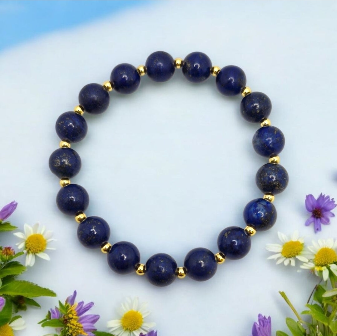 Handmade Lapis Lazuli stretch bracelet with 8mm natural stones and 2.5mm gold-plated beads