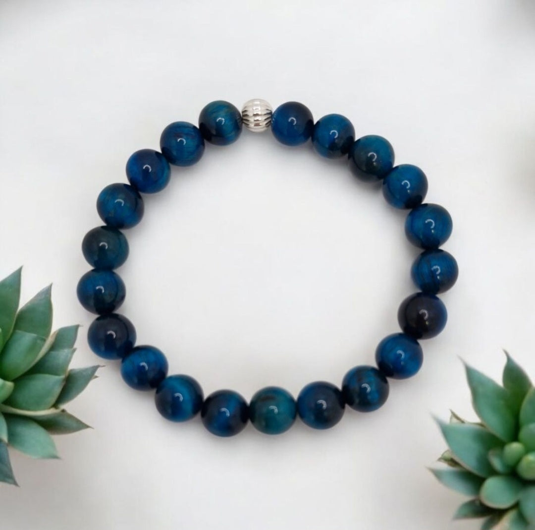 Handmade stretch bracelet with 8mm Premium Grade Blue Tiger Eye beads