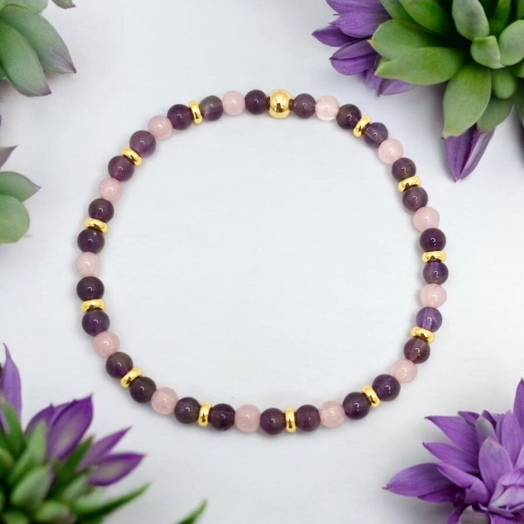 Handmade stretch bracelet with 4mm Brazilian Pink Rose Quartz and Amethyst beads