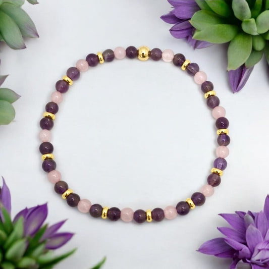 Handmade stretch bracelet with 4mm Brazilian Pink Rose Quartz and Amethyst beads