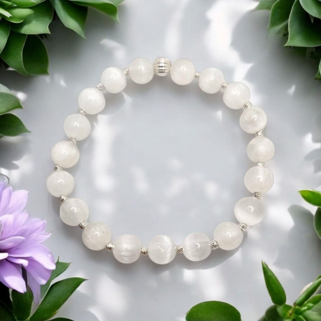 Handmade Selenite stretch bracelet with 8mm beads and sterling silver accents
