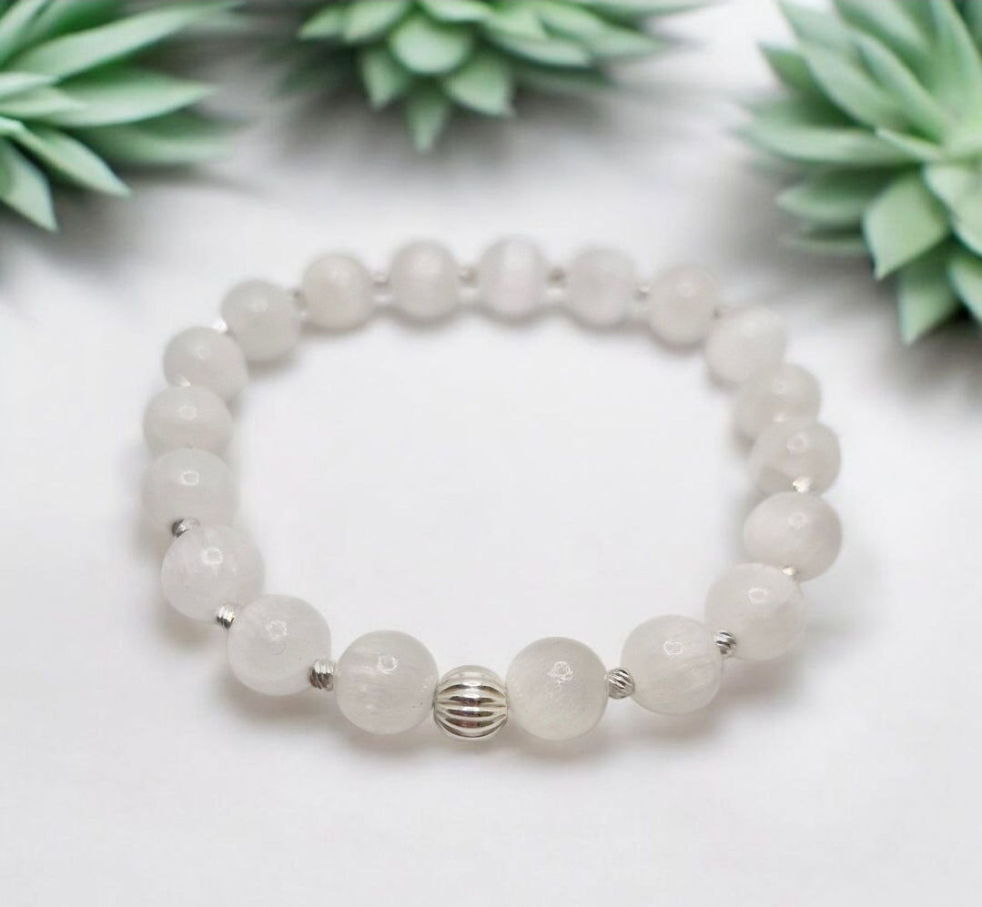 Close-up of Selenite gemstone beads with 2.5mm and 6mm sterling silver details