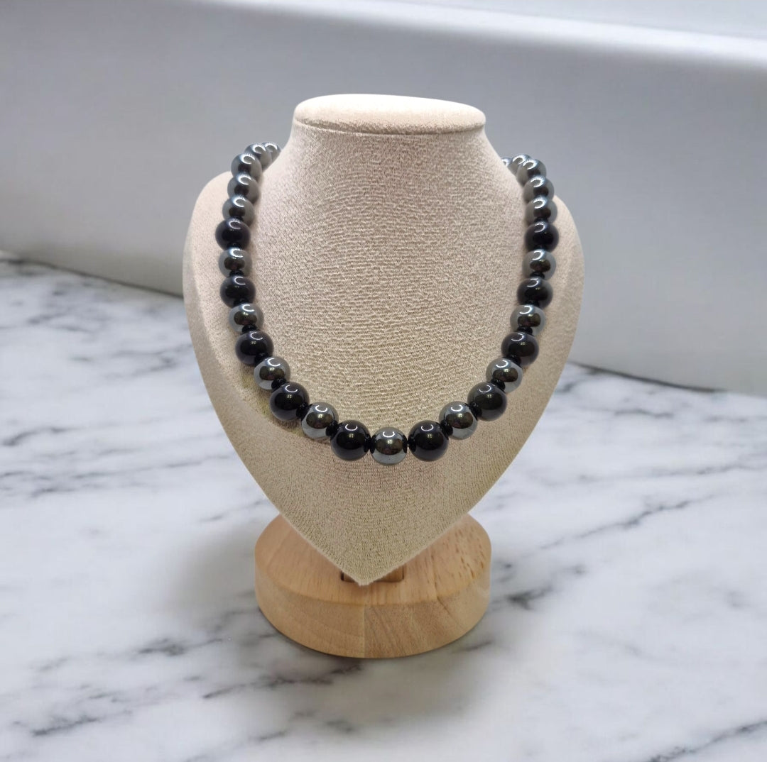 Handmade necklace with natural undyed Obsidian beads and synthetic Hematite accents