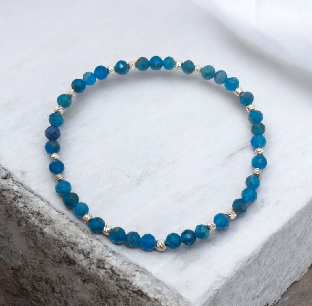 Handmade Blue Apatite stretch bracelet with 4mm faceted gemstone beads and sterling silver accents