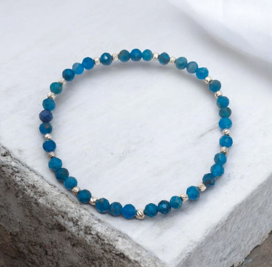 Handmade Blue Apatite stretch bracelet with 4mm faceted gemstone beads and sterling silver accents