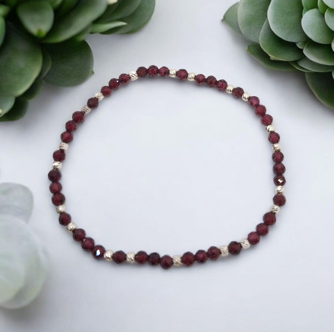 Handmade 3mm Garnet stretch bracelet with 2.5mm sterling silver corrugated beads