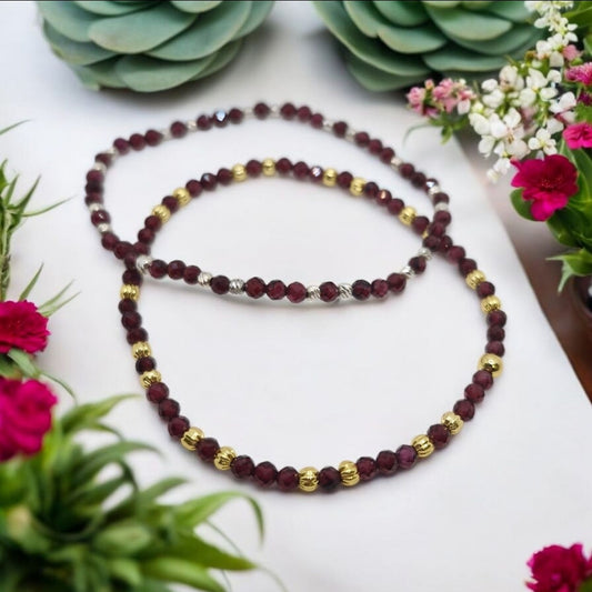 Handmade 3mm AA Grade Garnet stretch bracelet with sterling silver or gold plated accent beads, promoting vitality and emotional balance