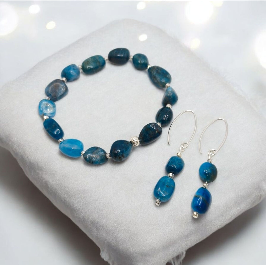 Handmade Apatite jewellery set with natural nugget bracelet and matching sterling silver earrings