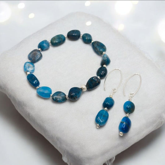 Handmade Apatite jewellery set with natural nugget bracelet and matching sterling silver earrings