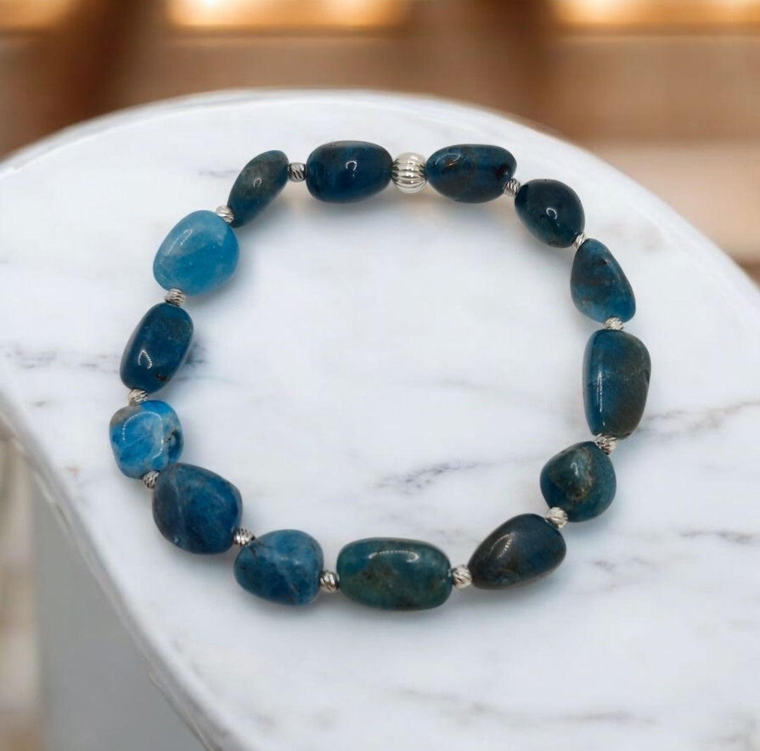 Handmade Apatite nugget bracelet with 8×15mm natural oval gemstones and sterling silver accent beads