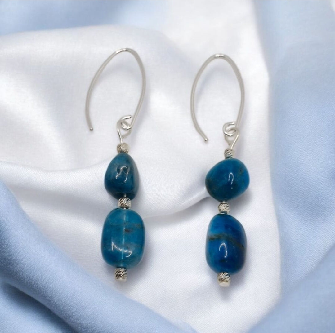 Handmade Apatite nugget earrings with sterling silver corrugated accent beads