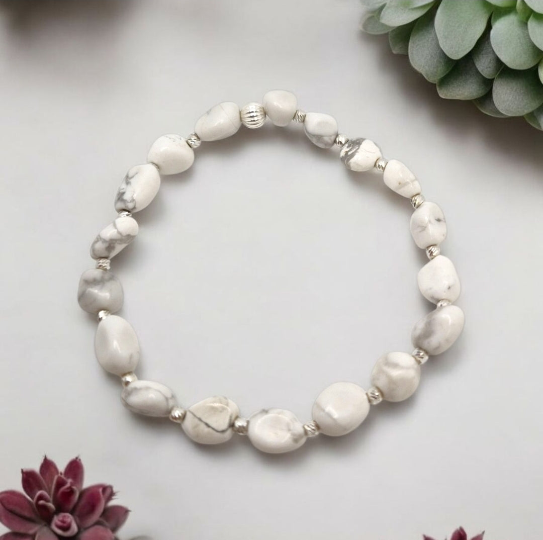 Handmade Howlite nugget bracelet with 7×6mm natural gemstone beads and sterling silver accents