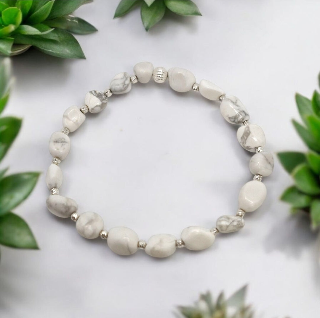 Close-up of natural white Howlite bracelet with 2.5mm and 5mm sterling silver beads