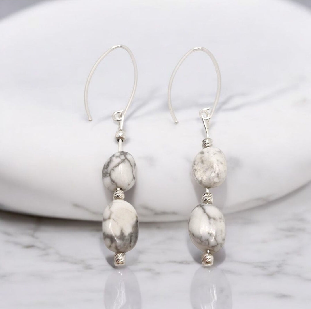 Handmade Howlite nugget earrings with sterling silver corrugated accent beads