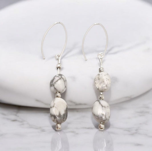 Handmade Howlite nugget earrings with sterling silver corrugated accent beads