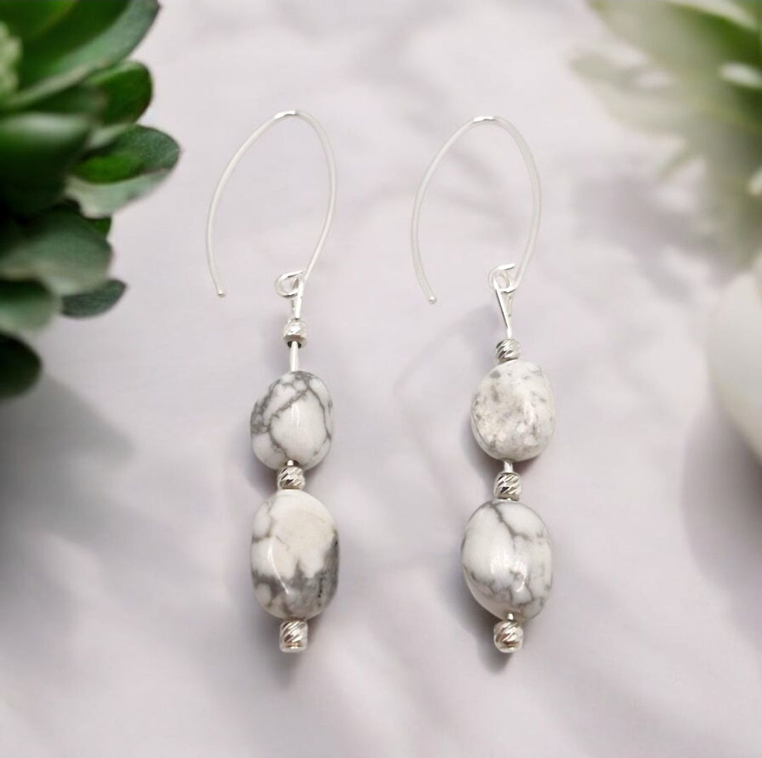 Handmade Howlite nugget earrings with sterling silver corrugated accent beads