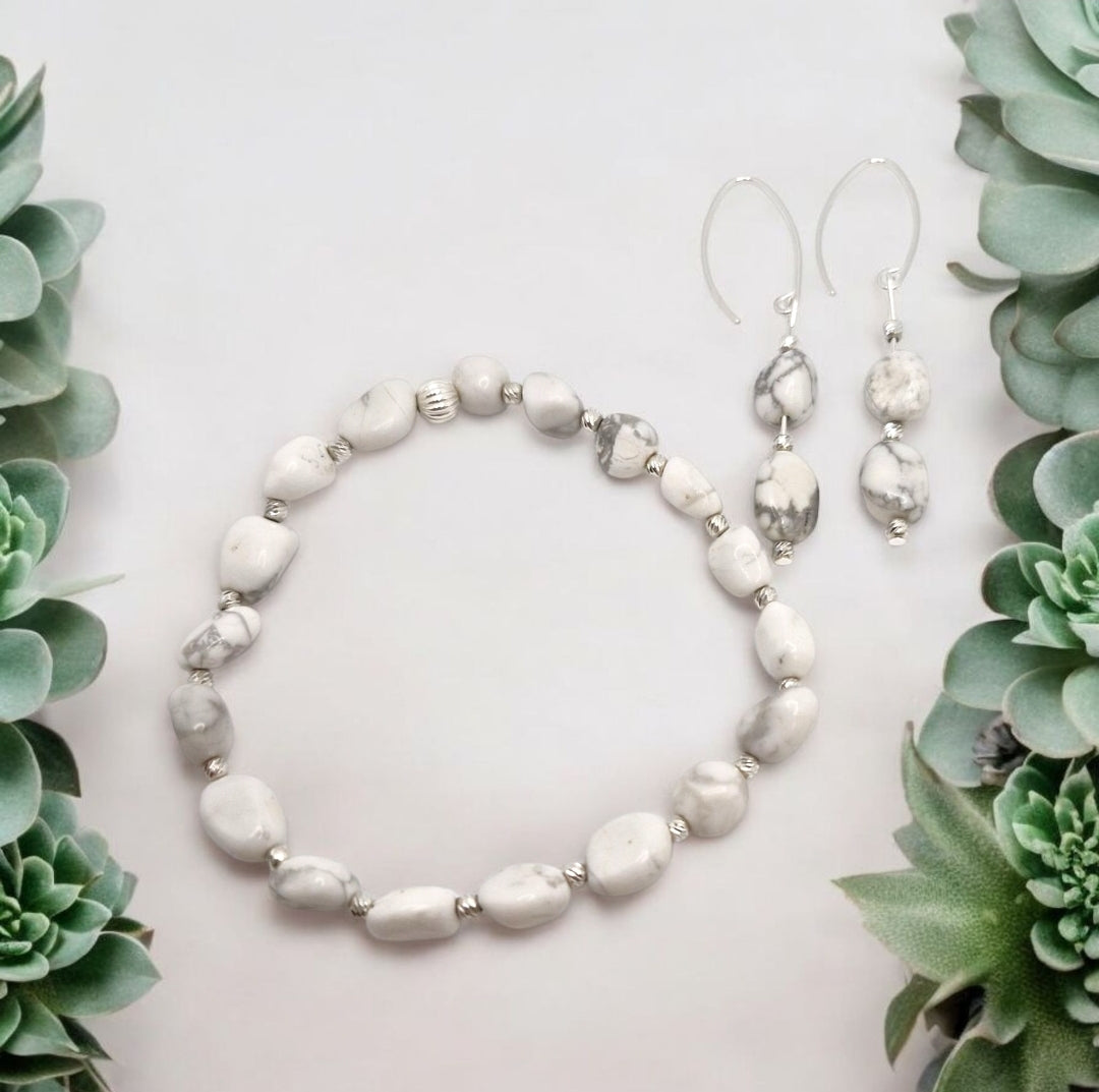 Handmade Howlite jewelry set with nugget bracelet and matching sterling silver earrings