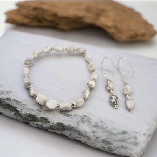 Close-up of Howlite bracelet with sterling silver beads and matching earrings