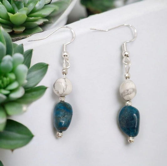 Elegant earrings combining calming Howlite and vibrant Apatite gemstones with sterling silver accents