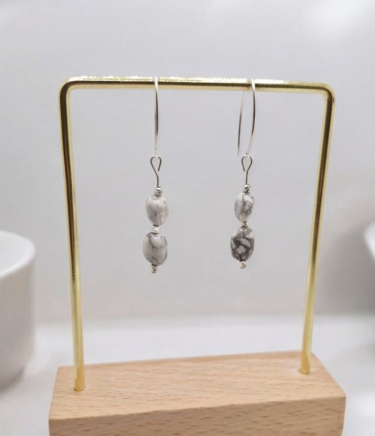 Handmade Howlite nugget earrings with sterling silver corrugated accent beads