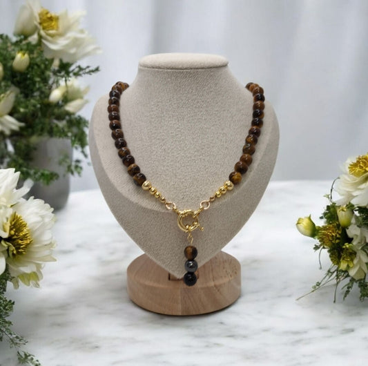 Handmade Tiger Eye necklace with 8mm natural beads, gold-plated accents, and protective stones