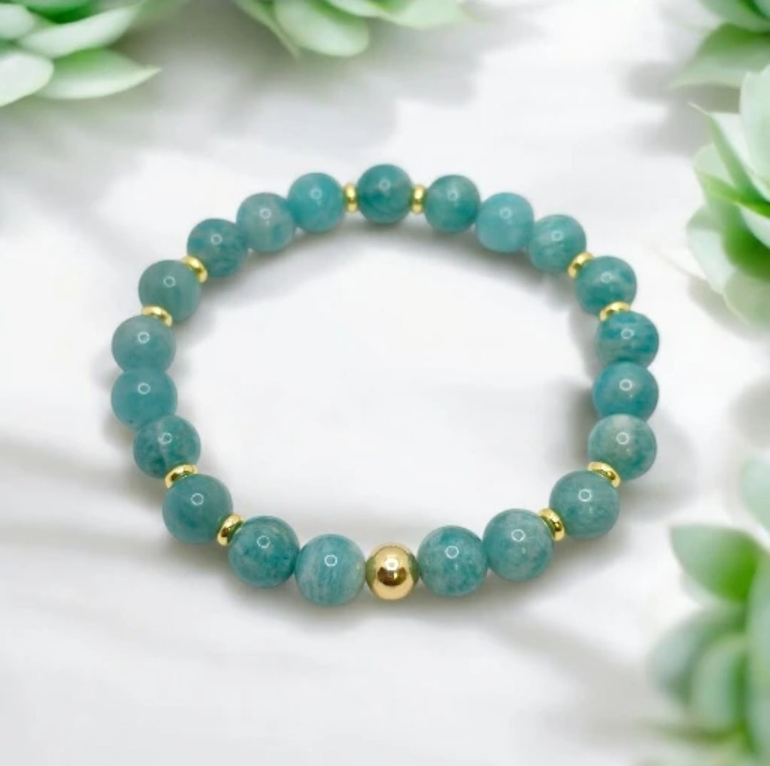 Handmade Amazonite stretch bracelet with 8mm natural Grade A gemstones and 18K gold plated spacer beads